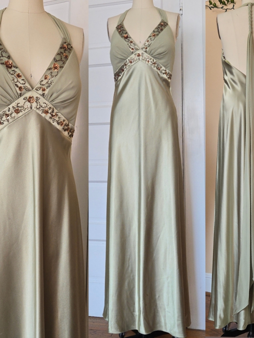 OC by OC Size 12 Light green satin beaded halter neck gown
